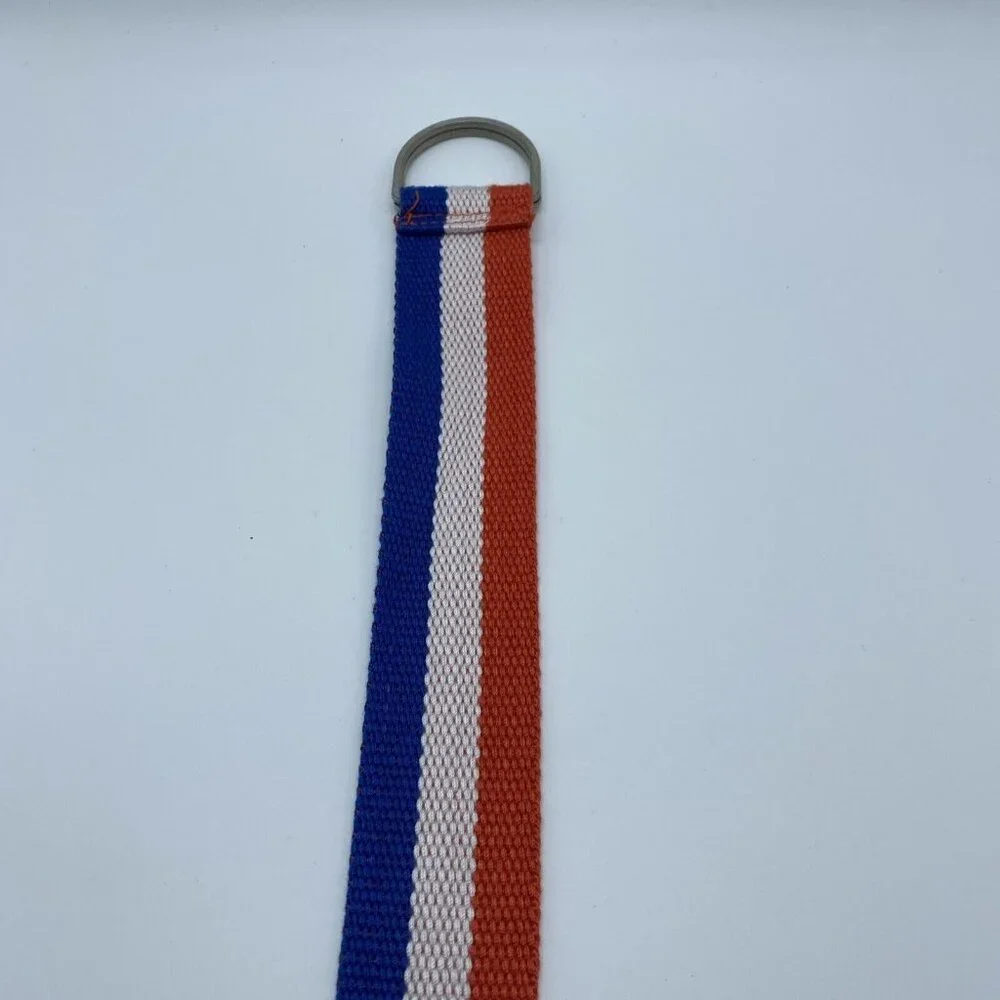 Orange White Blue Striped Woven D Ring Belt Teen's Size XS End to End 26